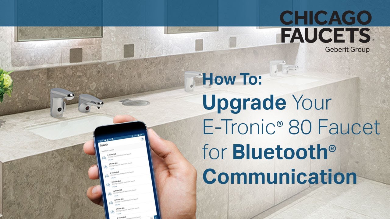 image of restroom faucets and hand holding smartphone with CF Connect app open