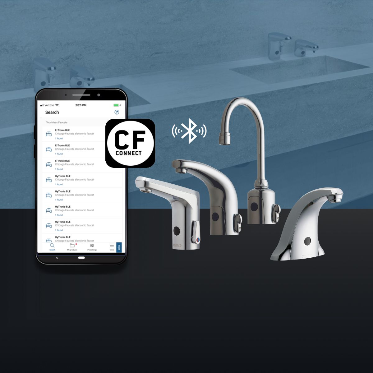 phone app next to four touchless faucets