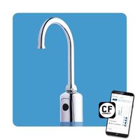 touchless gooseneck faucet and cell phone app on blue background